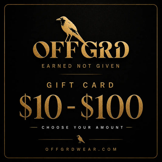 Gift card with 'OFFGRD' branding and a bird illustration on a black background $10-$100