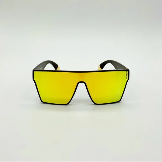 Sunglasses with yellow lenses and black frames on a white background