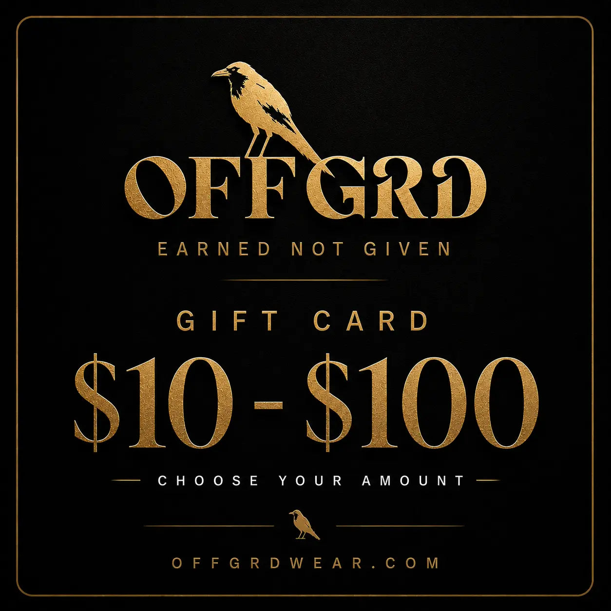 Gift card with 'OFFGRD' branding and a bird illustration on a black background $10-$100
