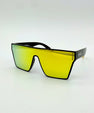 Sunglasses with yellow lenses and black frames on a white background