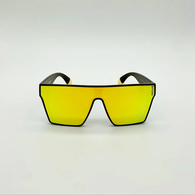 Sunglasses with yellow lenses and black frames on a white background