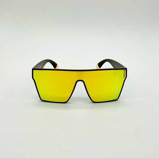 Sunglasses with yellow lenses and black frames on a white background